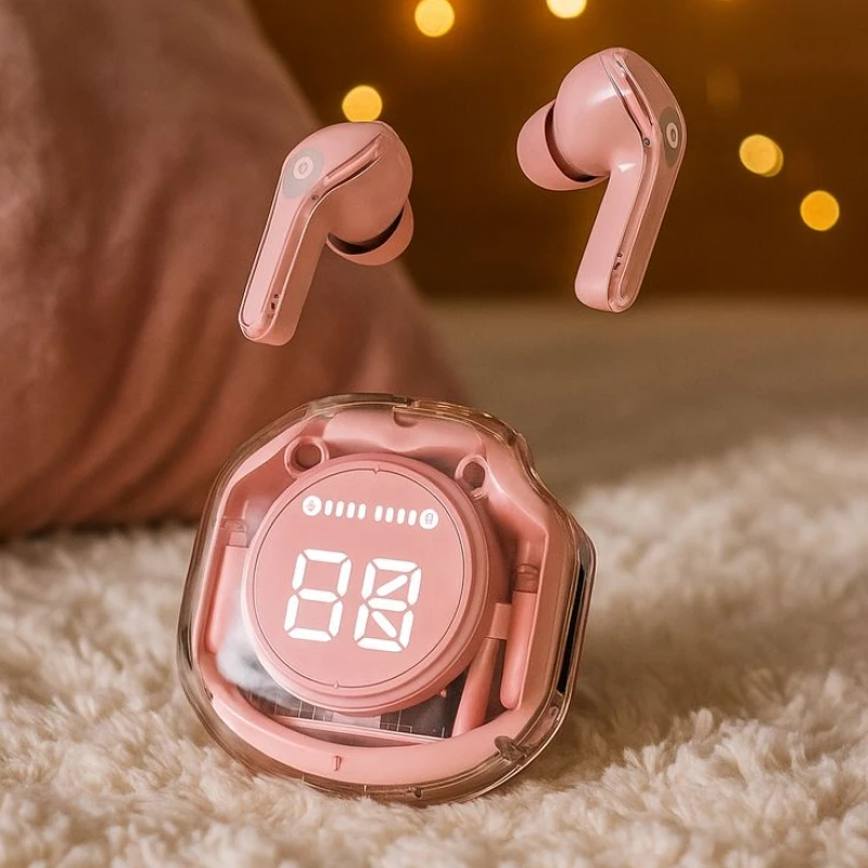 Pink wireless earbuds with charging case